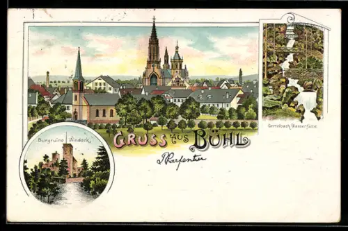 Lithographie Bühl, Gertelbach Wasserfälle, Burgruine Windeck, Teilansicht mit Kirche und Dom