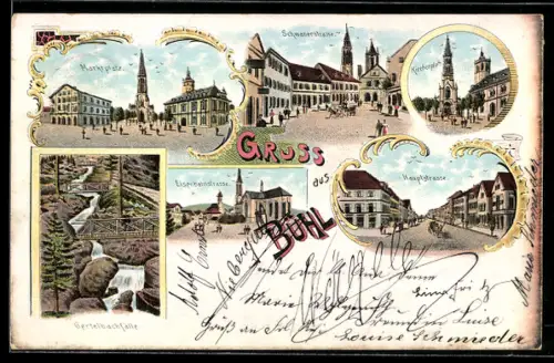 Lithographie Bühl, Marktplatz, Schwanenstrasse, Kirchenplatz, Hauptstrasse