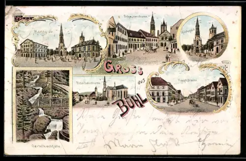 Lithographie Bühl, Marktplatz, Schwanenstrasse, Kirchenplatz, Hauptstrasse