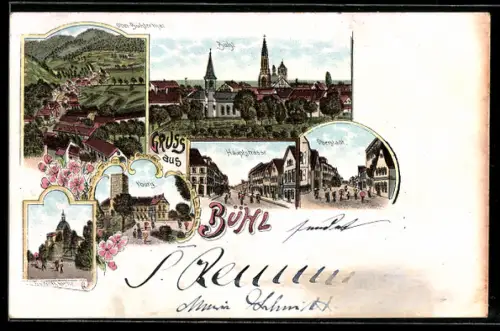 Lithographie Bühl, Hauptstrasse, Friedhofskapelle, Oberstadt
