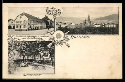 AK Bühl /Baden, Gasthaus u. Weinlager z. Schützen, Inh. Karl Stoffel, Ortsansicht mit Kirche