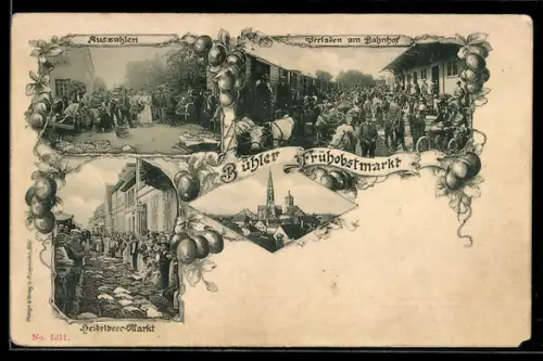 AK Bühl, Heidelbeer-Markt, Frühobstmarkt, Verladen am Bahnhof