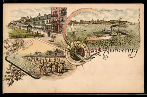 Lithographie Norderney, Ortsansicht mit Dampfer, Weststrand