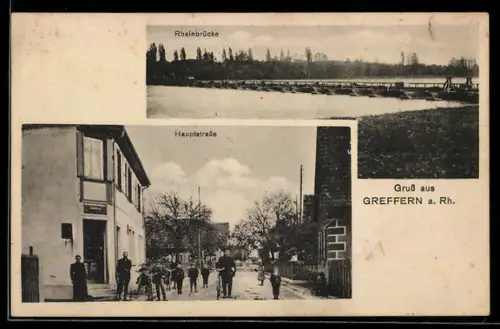 AK Greffern a. Rh., Blick in die Hauptstrasse, Rheinbrücke
