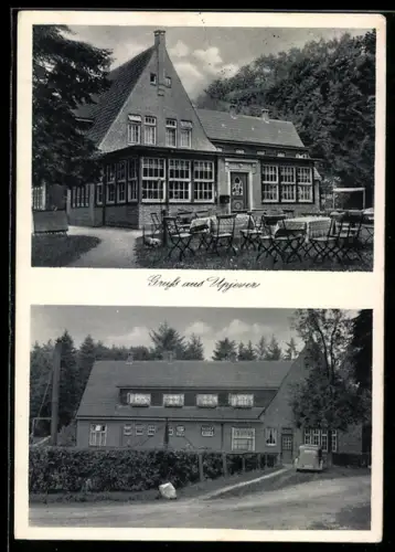 AK Upjever, Aussenansicht Gasthaus mit Tischen