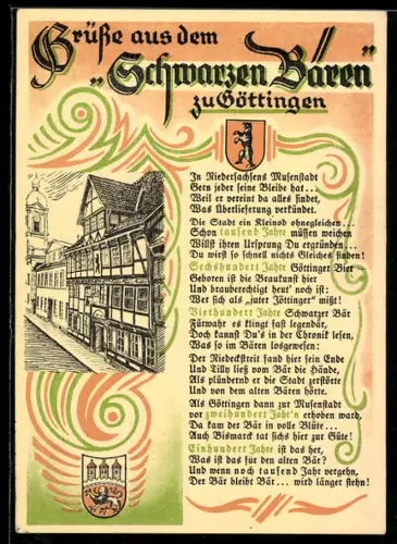 AK Göttingen, Gaststätte Schwarzer Bär in buntem Rahmen