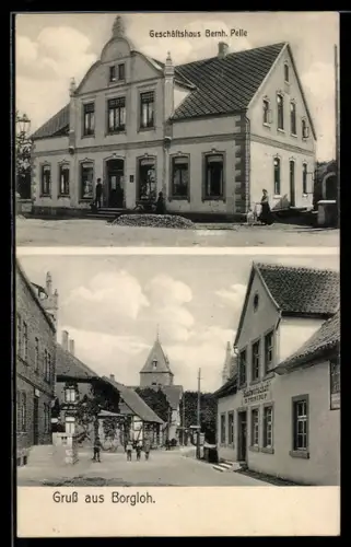 AK Borgloh, Geschäft, Inh. Bernh. Pelle, Strassenpartie mit Gasthaus, Inh. B. Peistrup