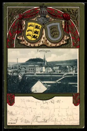 Passepartout-Lithographie Tuttlingen, Teilansicht mit Kirche und Wappen