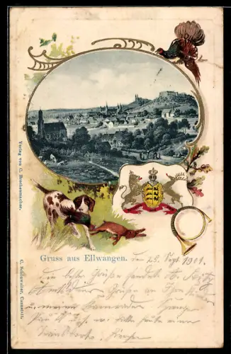 Passepartout-Lithographie Ellwangen, Teilansicht des Ortes und Umgebung, Wappen, Jagdhund mit Beute