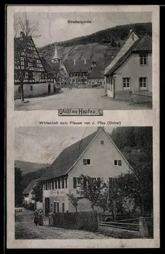 AK Hopfau, Strassenpartie, Gasthaus zum Pfauen