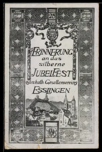 AK Esslingen, Silbernes Jubelfest des kath. Gesellenvereins, Teilansicht des Ortes mit Kirche