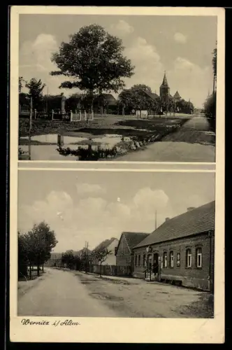 AK Wernitz i. Altm., Kriegerdenkmal, Kirche und Strassenpartie