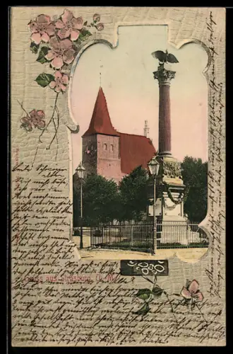 AK Strasburg /U.-M., Denkmal mit Kirche