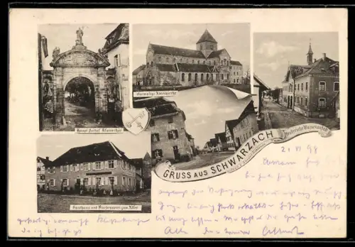 AK Schwarzach, Ehemalige Abteikirche, Klosterthor, Wappen, Gasthaus zum Adler