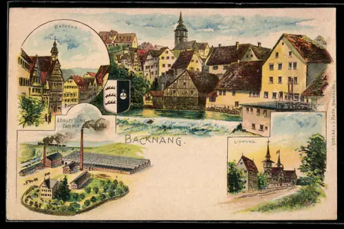 AK Backnang, Totalansicht, Limpurg, Rathaus und Adolff`sche Fabrik