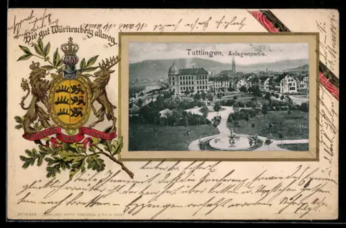 Passepartout-Lithographie Tuttlingen, Anlagenpartie mit Brunnen und Gärten, Wappen des Königreichs Württemberg