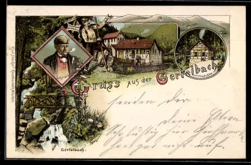 Lithographie Bühlertal, Gertelbach, Schindelpeter, Gasthaus und Gertelbach-Hütte