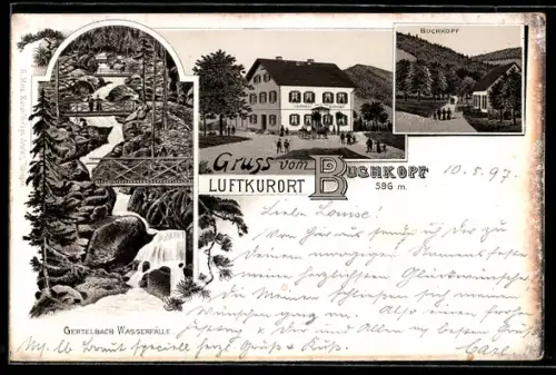 Lithographie Bühlertal, Buchkopf, Gasthof Buchkopf, Wasserfälle