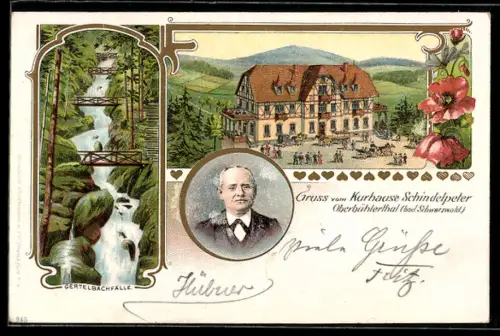 Lithographie Oberbühlerthal /Schwarzwald, Hotel Kurhaus Schindelpeter, Gertelbachfälle