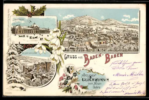 Winter-Lithographie Baden-Baden, Totalansicht, Bahnhof und das Alte Schloss