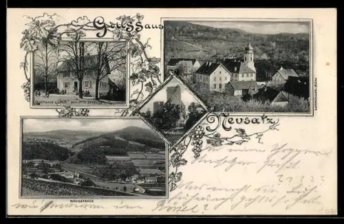 AK Neusatz, Totalansicht mit Kirche und Umgebung, Gasthaus z. Linde, Bes. Otto Streule, Neusatzeck