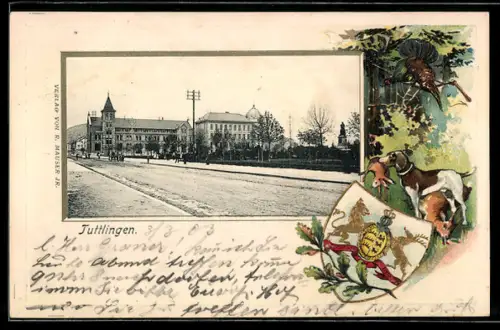 Passepartout-Lithographie Tuttlingen, Strassenpartie mit Denkmal, Wappen des Königreichs Württemberg, Jagdhund mit Beute