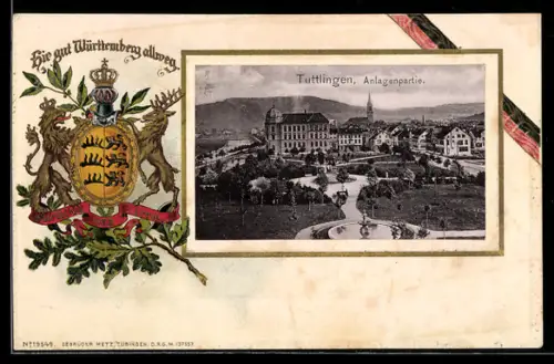 Passepartout-Lithographie Tuttlingen, Anlagenpartie mit Gärten und Brunnen, Wappen des Königreichs Württemberg