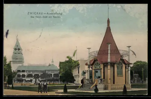 AK Zwickau, Ausstellungsbereich Gewerbe- und Industrieausstellung, Teich-Café mit Pavillon