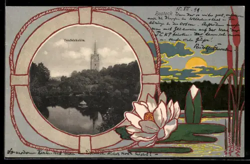 Grusskarten-AK Rostock, Teufelskuhle mit Wald, Schilf im Passepartout