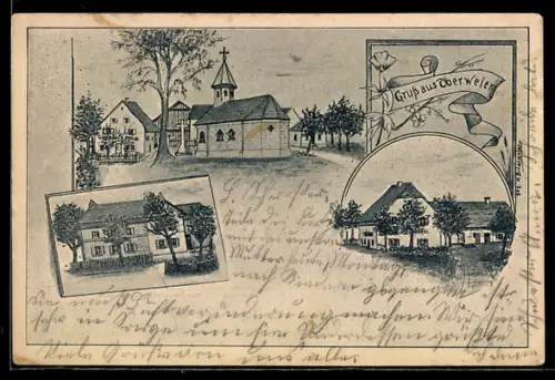 Lithographie Oberweier, Verschiedene Ortspartien mit Kirche, Gasthaus und Wohnhäusern