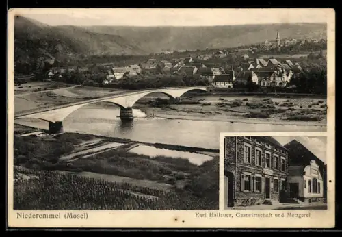 AK Niederemmel /Mosel, Totalansicht mit Kirche, Gasthaus, Inh. Karl Hallauer