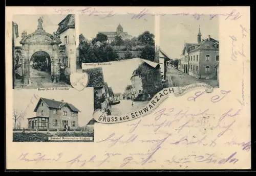 AK Schwarzach, Strassenpartie, Waisenhaus, Ehemalige Abteikirche, Restaurant Küpferle