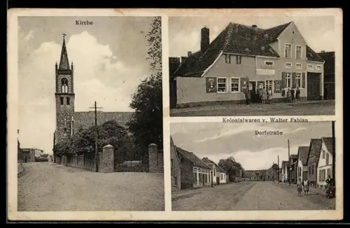 AK Königsaue /Quedlinburg, Kirche, Dorfstrasse und Kolonialwarenhandel, Inh. Walter Fabian