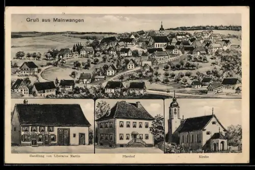 AK Mainwangen, Totalansicht mit Kirche, Geschäft, Inh. Liberatus Martin, Pfarrhof und Kirche