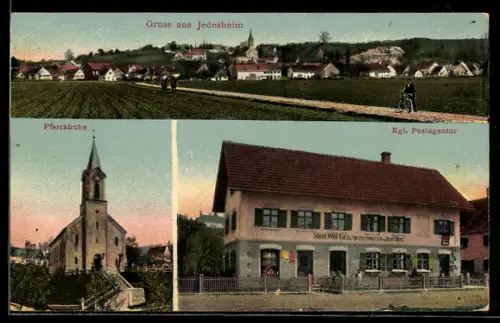 AK Jedesheim, Ortspanorama mit Kirche, Königliche Postagentur