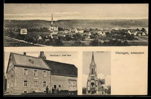 AK Vilsingen /Hohenzollern, Totalansicht mit Kirche, Geschäft, Inh. Josef Renz