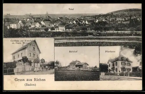 AK Richen /Baden, Totalansicht mit Kirche, Bahnhof, Pfarrhaus und Gasthaus zur Eisenbahn, Inh. Franz Wieser