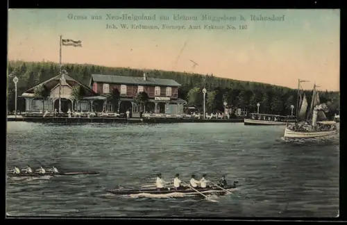 AK Berlin-Köpenick, Restaurant Neu-Helgoland, Inh. W. Erdmann, mit Ruderern und Dampfschiff