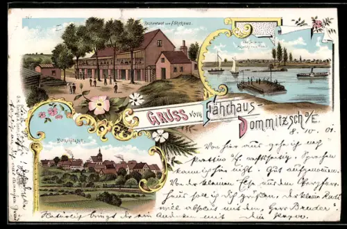 Lithographie Dommitzsch a. E., Gasthaus zum Fährhaus, Ortsansicht