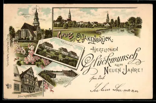 Lithographie Quakenbrück, Teilansicht mit Lutherischer Kirche, Altes Haus von 1662, Ackerbauschule