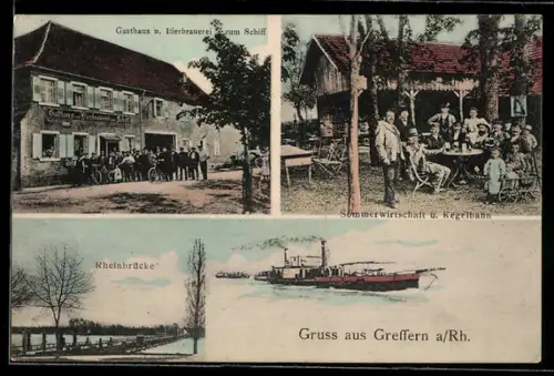 AK Greffern a. Rh., Rheinbrücke, Gasthaus zum Schiff mit Kegelbahn