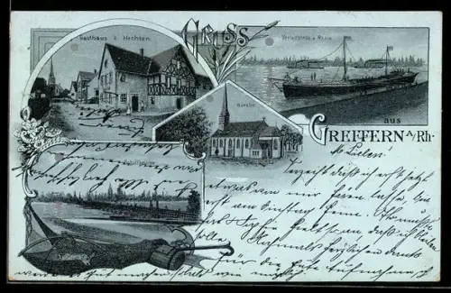 Mondschein-Lithographie Greffern a. Rh., Gasthaus z. Hechten, Kirche, Verladestelle
