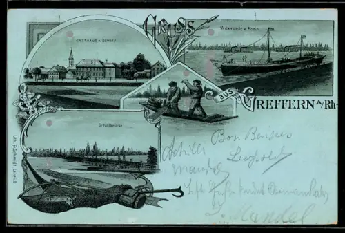 Mondschein-Lithographie Greffern a. Rh., Gasthaus zum Schiff, Schiffbrücke