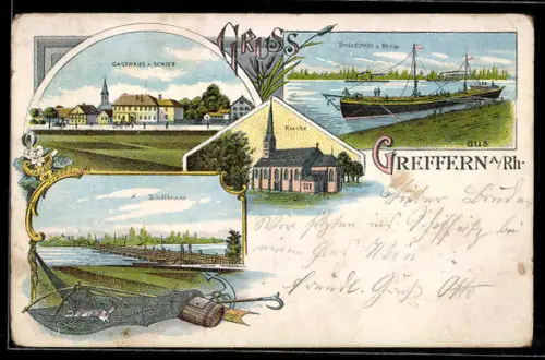Lithographie Greffern a. Rh., Verladstelle, Gasthaus z. Schiff, Schiffbrücke und Kirche