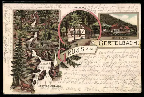 Lithographie Bühlertal, Gertelbachfälle, Schindelpeter, Waldhorn und