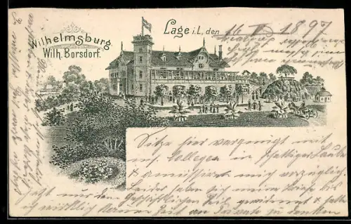Lithographie Lage i. L., Restaurant Wilhelmsburg, Inh. Wilh. Borsdorf, Aussenansicht