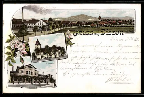 Lithographie Dissen, Totalansicht mit Kirche und Bahnhof