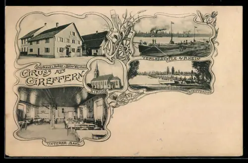 AK Greffern, Gasthaus z. Anker v. Heinr. Wörther, Verladestelle am Rhein, Schiffbrücke, Kirche