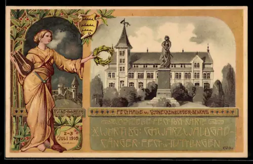 Lithographie Tuttlingen, Sängerfest Juli 1905, Frau mit Leier, Festhalle und Schneckenburger Denkmal