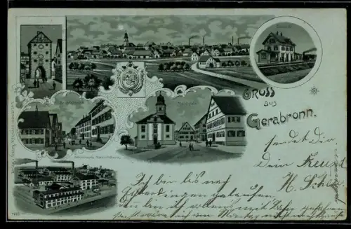 Mondschein-Lithographie Gerabronn, Totalansicht mit Kirche, Bahnhof und Marktplatz
